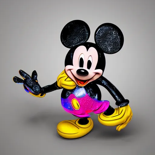 Image similar to counterfeit mickey mouse, fractal, broken, wet, melting, lisa frank, fractured, mycelium, cubensis, radiant alien, rococo, baroque, automotive, bio-mechanical, porcelain, iridescent, sub surface scattering, unreal engine, octane render