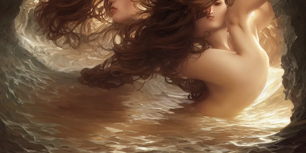 Image similar to inside the curl of a wave, elegant, highly detailed, digital painting, artstation, concept art, smooth, sharp focus, illustration, ArtStation, art by artgerm and greg rutkowski and alphonse mucha and J. C. Leyendecker and Edmund Blair Leighton and Charlie Bowater