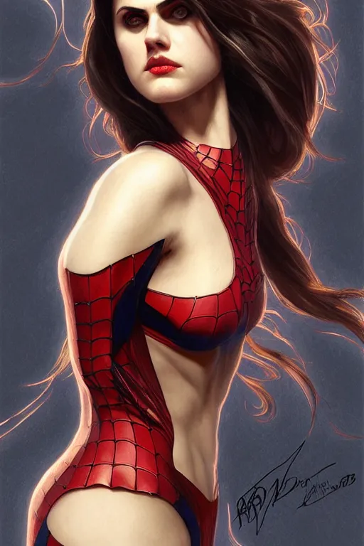 Image similar to alexandra daddario as spider girl, realistic portrait, symmetrical, highly detailed, digital painting, artstation, concept art, smooth, sharp focus, illustration, cinematic lighting, art by artgerm and greg rutkowski and alphonse mucha