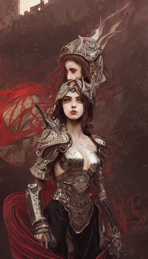 Image similar to portrait knights of Zodiac girl, metallic black and reddish armor, in ruined Agora of Athens, ssci-fi, fantasy, intricate, very very beautiful, elegant, highly detailed, digital painting, artstation, concept art, smooth, sharp focus, illustration, art by tian zi and WLOP and alphonse mucha