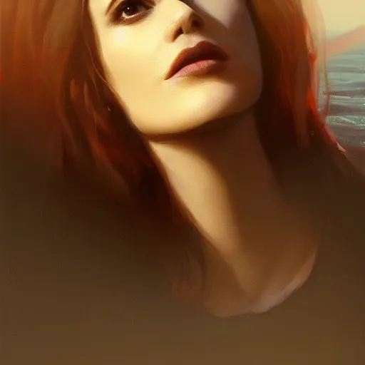 Image similar to a closeup portrait of a winona ryder, dramatic light, lake background, sunset, dark, painted by stanley lau, painted by greg rutkowski, painted by stanley artgerm, digital art, trending on artstation