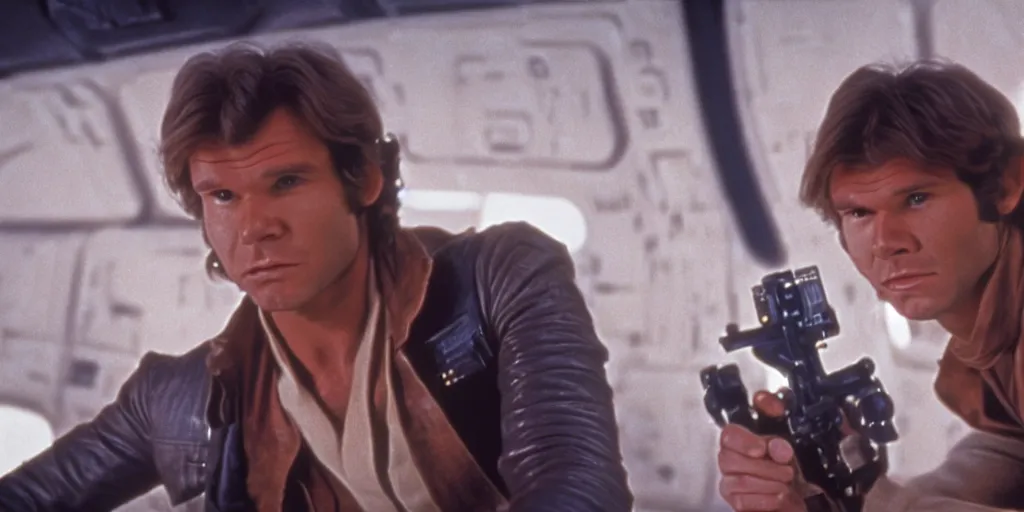 Image similar to screenshot portrait of Han Solo, on a planet of Wookies, chaos, scene from 1970s film by Stanley Kubrick, iconic, retro design, stunning cinematography, hyper-detailed, sharp, anamorphic lenses, kodak color, 4k, stunning