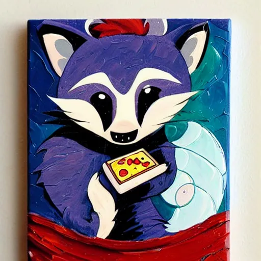 Image similar to a jeremiah ketner and studio ghibli acrylic impasto! painting! of a sad and teary and adorable and cute raccoon eating pizza