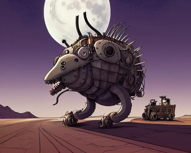 Image similar to a cell shaded cartoon grey lovecraftian mechanized wolf from howl's moving castle ( 2 0 0 4 ), with a big head, on a desert road, wide shot, in front of a big moon, muted colors, post grunge, josan gonzales, wlop, by james jean, victor ngai, hq, deviantart, art by artgem