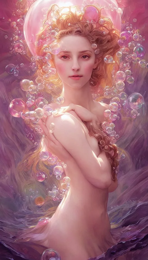 Prompt: portrait of magical dream goddess, ethereal, expressive pose, pink eyes, peaceful expression, ornate frilly dress, fantasy, intricate, elegant, many rainbow bubbles, highly detailed, digital painting, artstation, concept art, smooth, sharp focus, illustration, art by artgerm and greg rutkowski and alphonse mucha