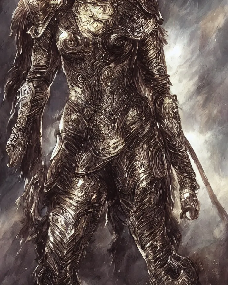 Image similar to jodie foster as an amazon warrior, tall and beautiful with brown skin and long hair, dressed in hellenistic body armor, intricate, elegant, highly detailed, smooth, sharp focus, detailed face, art by ardian syaf