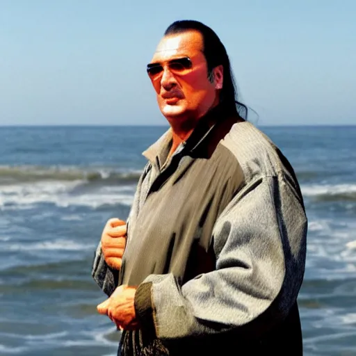 Prompt: a photo still of steven seagal as a seagull at the pier next to the ocean, anthropomorphized