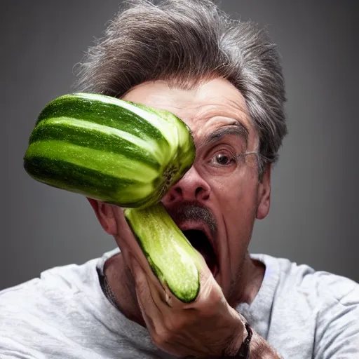 Prompt: a masterpiece portrait photo of an older man yelling at a cucumber, mary elizabeth winstead symmetrical face