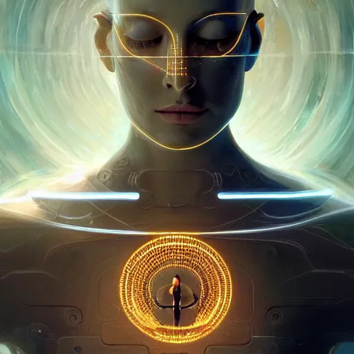 Prompt: Meditating cyborg with many cybernetic implants and wiring, lotus pose, techno-optimism, utopia, sci-fi, hyperrealist, centered, wide angle shot, detailed, intricate, digital painting by Greg Rutkowski, face by artgerm, digital art, trending on artstation, top post of all time on /r/transhumanism subreddit