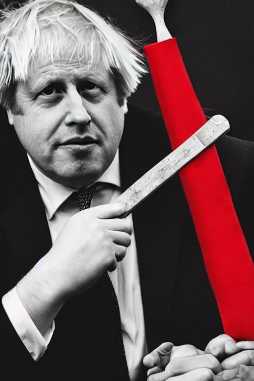 Prompt: a portrait of boris johnson holding a sickle, communist propaganda