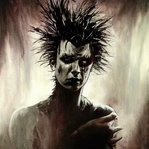 Image similar to stunning portrait of gaunt billy idol a ( the cure fan ) as dream from sandman, dim stars as eyes, by jeremy mann, by cedric peyravernay, by by russ mills, by richard avedon and ben templesmith, dramatic lightning, sadness, dark eye sockets, in the shadows, punk rock, gothic, high detailed, 8 k