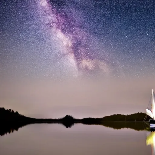 Image similar to small sailboat on a lake under a starry sky