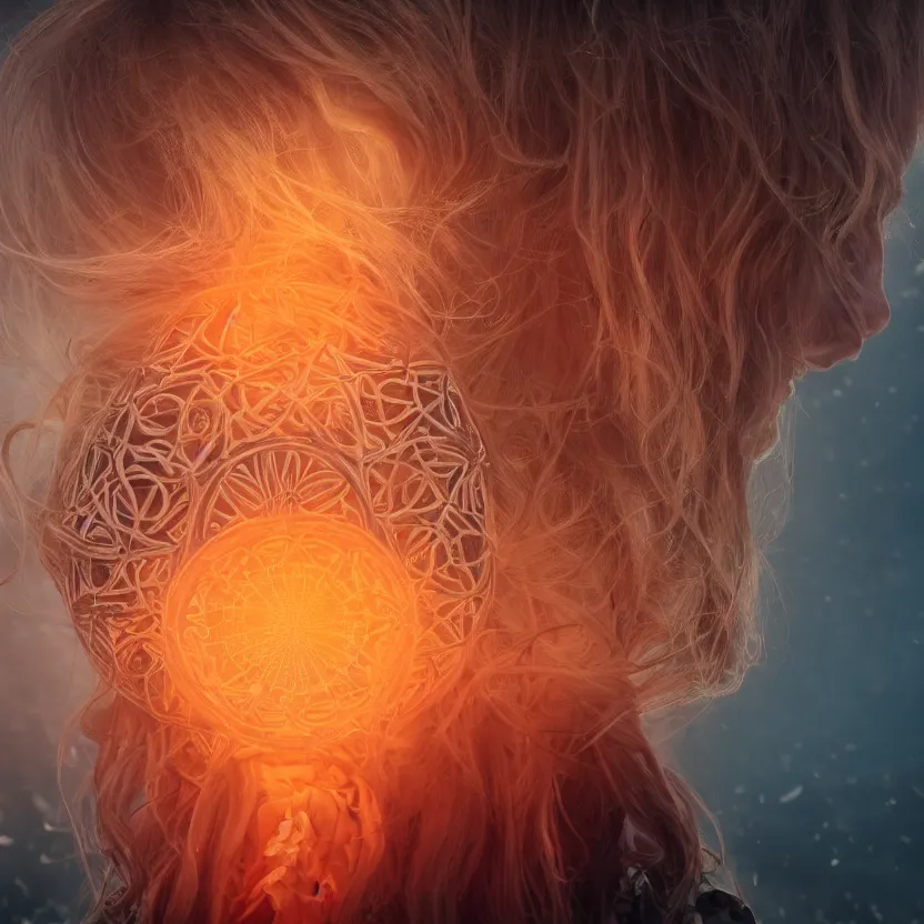 Prompt: closeup portrait of a beautiful guard with wavy blonde hair seen from the back in front of a dystopian (orange fog) merkabah flower of life cyberpunk ultra realistic 4K