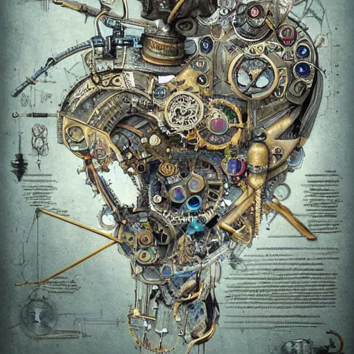 Prompt: a full page concept designs of a robotic heart device powered by magic gems, steampunk blueprint, intricate details, ink on paper, scientific, Highly detailed labeled, poster, peter mohrbacher,