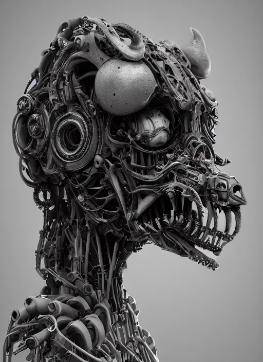 Image similar to a portrait up of a creepy looking biomechanical animal head, gigeresque cyberpunk art by ikuo hirayama, photorealism, octane render, behance hd, polycount