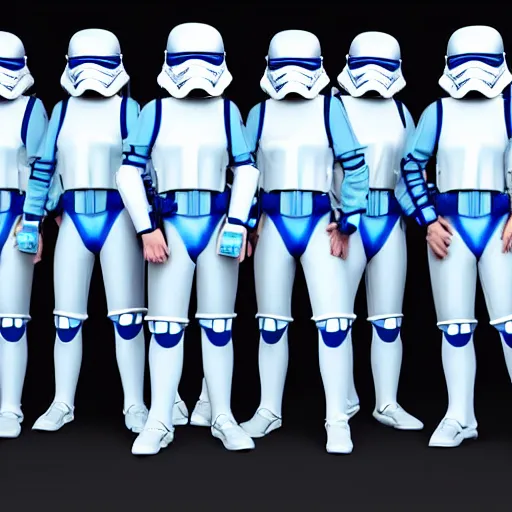 Image similar to troop of very short cloned women with white bob hairdos, tight light blue space trooper suits, standing next to tall scientist looking at a clipboard, futuristic cloning facility, sci - fi, highly detailed, cinematic