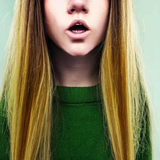 Image similar to brunette with dyed blonde hair, 15 years old, 155 cm tall, long flat hair, blonde, green big eyes, small nose, small mouth, round shaped face, big forehead, lop eared, full body shot, thin eyebrows, real life photograph