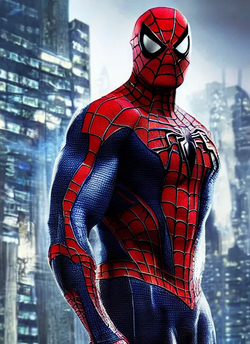 Image similar to hyper realistic dwayne johnson as spiderman in a obsidian metal armor, futuristic design, designed by makoto kobayashi and luca zampriolo, portrait, cyberpunk style, wood and gold details, intricate, extremely detailed, ornate, deep of field, hard surface, exoskeleton, substance designer metal unreal engine. amazing likeness. very detailed.