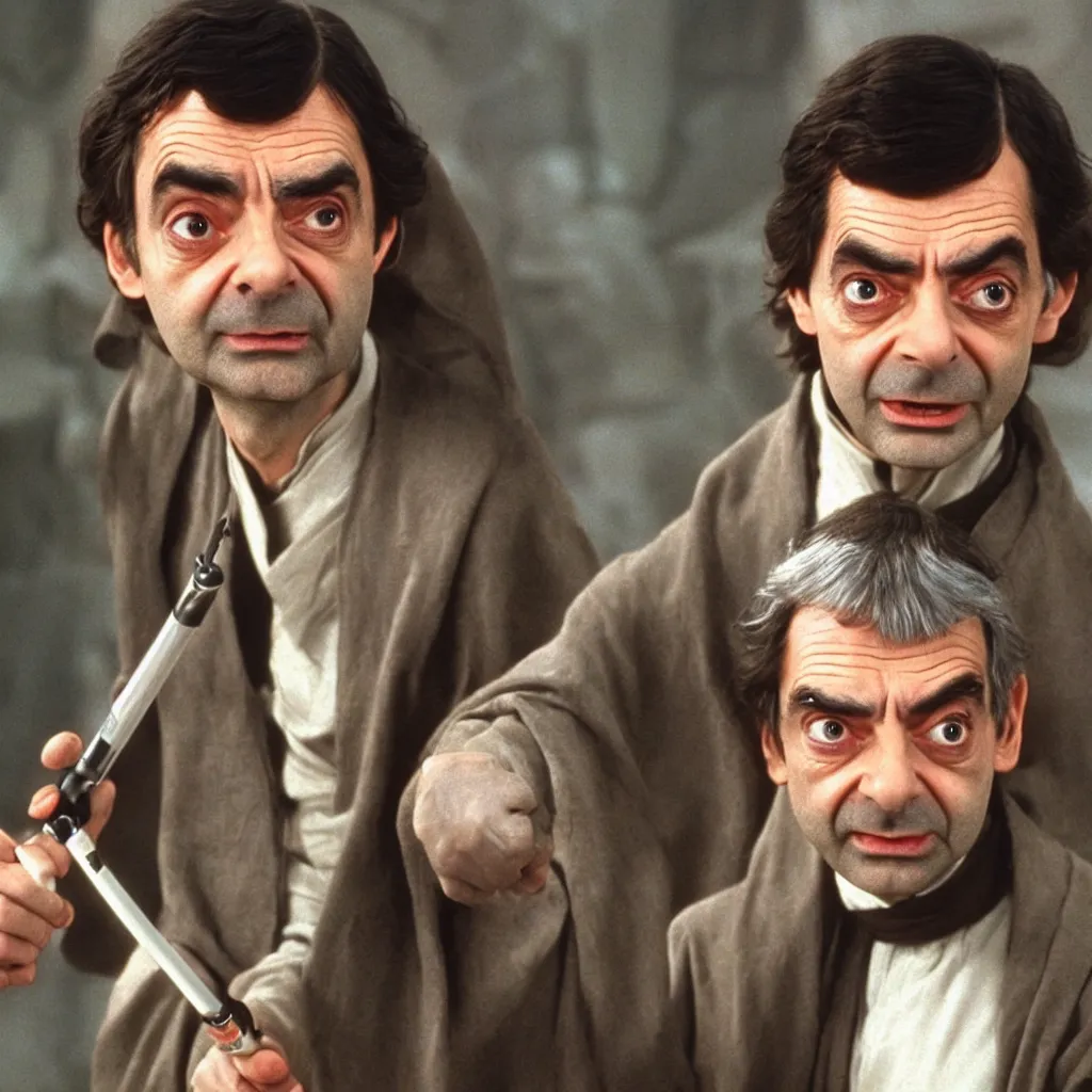 Image similar to Still of Mr. Bean as jedi master Obiwan kenobi!!!!. in Star Wars (1977). detailed eyes. medium shot, technicolor. light saber