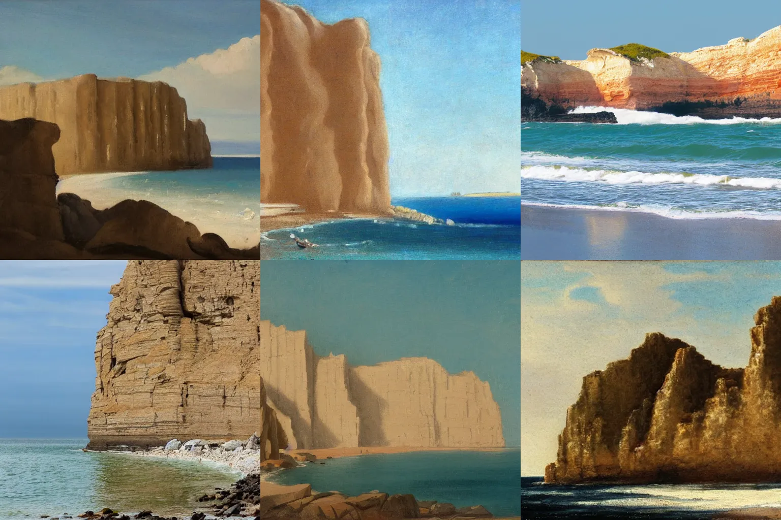 Prompt: a classic beach scene rock cliffs on a clear day, in neoclassicism style