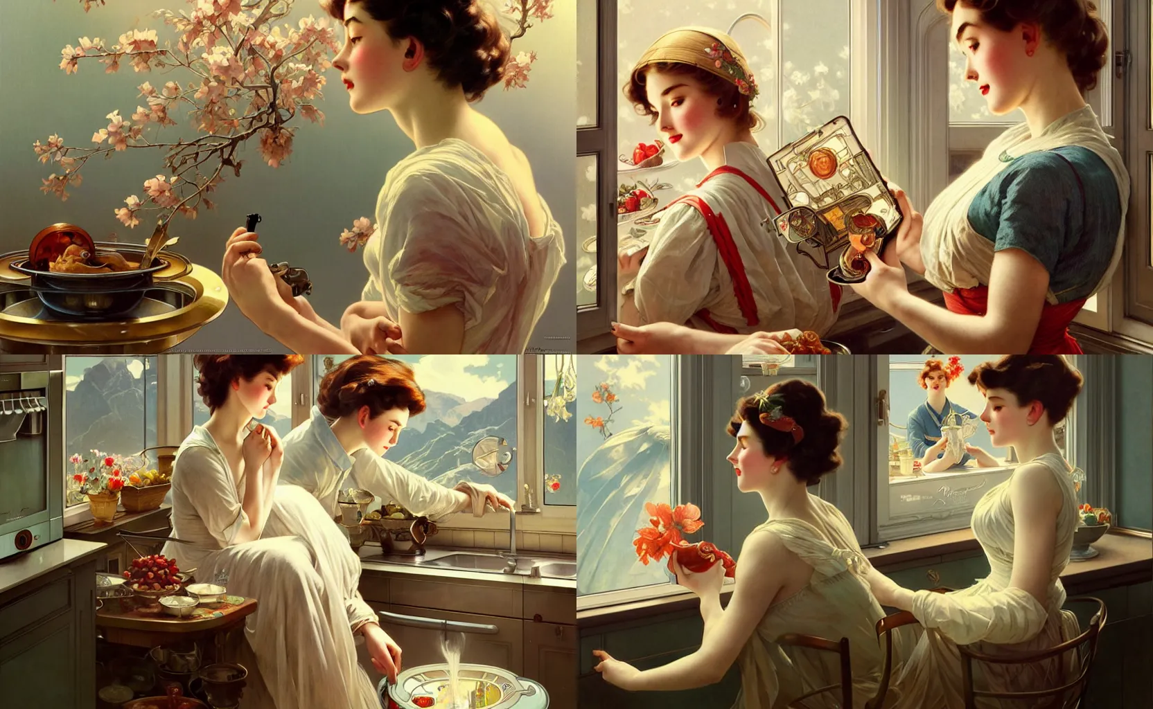 Prompt: a beautiful household appliance advertisement from 1 9 5 0's, intricate, sharp focus, illustration, highly detailed, digital painting, concept art, matte, art by wlop and artgerm and greg rutkowski and alphonse mucha, masterpiece