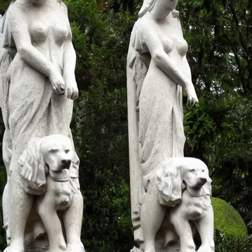 Prompt: a group of caryatids, but dog caryatids.