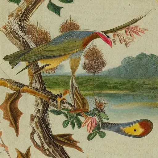 Prompt: A beautiful digital art of a bird in its natural habitat. The bird is shown in great detail, with its colorful plumage and intricate patterns. The background is a simple but detailed landscape, with trees, bushes, and a river. in Indonesia, voynich manuscript by William Henry Hunt turbulent, ornate