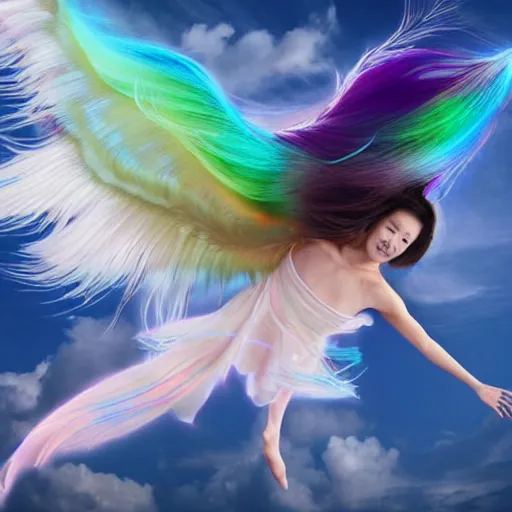 Prompt: A realistic centered portrait of a beautiful smiling ethereal asian sylph, ethereal vaporous tan skin, azure iridescent eyes, ethereal iridescent locks of hairs flying in the breeze and adorned with rainbow feathers, iridescent ethereal veils, flying high in the clouds:5| sunny weather, sss, translucency, long exposure, hologram, trending on artstation, soft natural lighting and shadows, VFX, CG:2 expressionless, neutral, deformed, jpeg artifacts, illustration, anime portrait