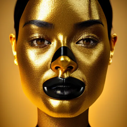 Image similar to ( ( ( ( ( hyperrealist portrait of a women wearing a black mask with golden wires on her head. ) ) ) ) ) photorealistic, octane render, unreal engine, dynamic lighting, bet face, beautiful, wlop, cute, perfect factions, trending on artstation, poster, volumetric lighting, very detailed faces, 4 k, award winning