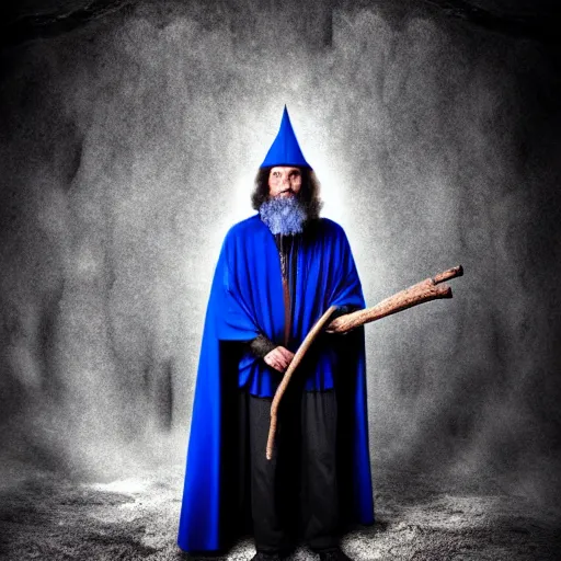 Prompt: a wizard, with a magic staff in his hands and a blue cape around him, inside a cave, he tries to cast a magic spell, but he failed and he frustrated. the background is inside the cave, black and white, mystic, fantasy, magic, award winning photography, hdr, studio lighting medium close shot, mucha style,