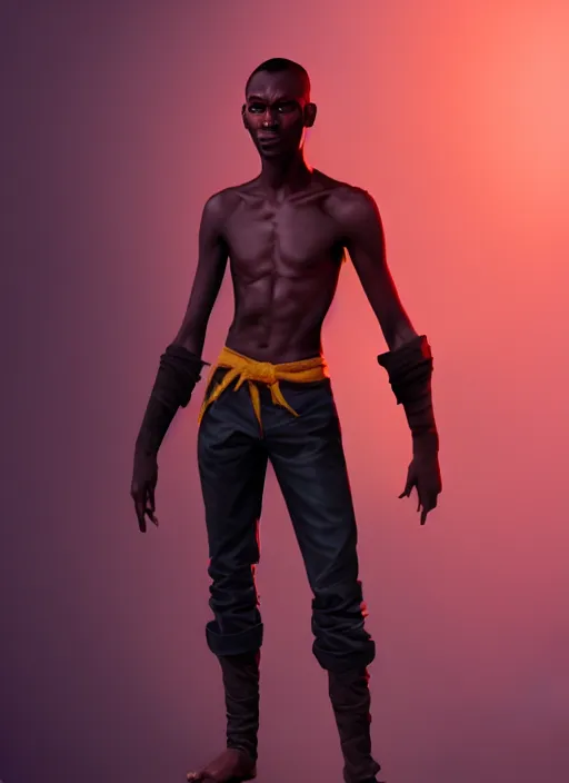 Prompt: An epic fantasy comic book style portrait painting of a skinny dark skinned thief who's good at martial arts, unreal 5, DAZ, hyperrealistic, octane render, cosplay, RPG portrait, dynamic lighting