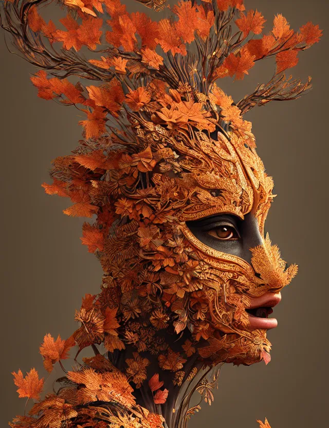 Image similar to 3 d goddess close - up profile portrait of alicia vikander wearing a beautiful intricately detailed japanese autumn fox mask, fall leaves, phoenix, dried plants, wind, creature, artwork by tooth wu and wlop and beeple and greg rutkowski