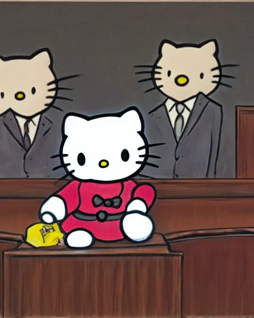 Prompt: Hello Kitty, in a courtroom, Dramatic painting