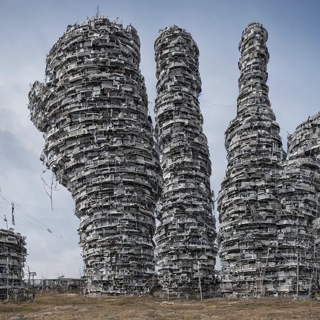 Prompt: a circular tower, made up of makeshift squatter shacks, dystopia, sony a 7 r 3, f 1 1, fully frontal view, ultra detailed, photographed by sugimoto hiroshi,