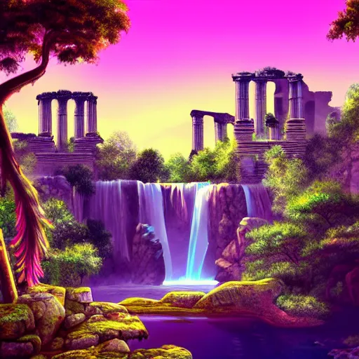 Prompt: Ancient ruins and waterfalls, retrowave art, trending on art station