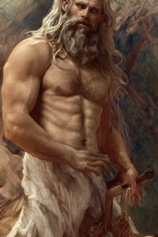 Image similar to painted portrait of rugged zeus, god of thunder, greek god, white hair, masculine, mature, handsome, upper body, flowy robe, muscular, hairy torso, fantasy, intricate, elegant, highly detailed, digital painting, artstation, concept art, smooth, sharp focus, illustration, art by gaston bussiere and alphonse mucha