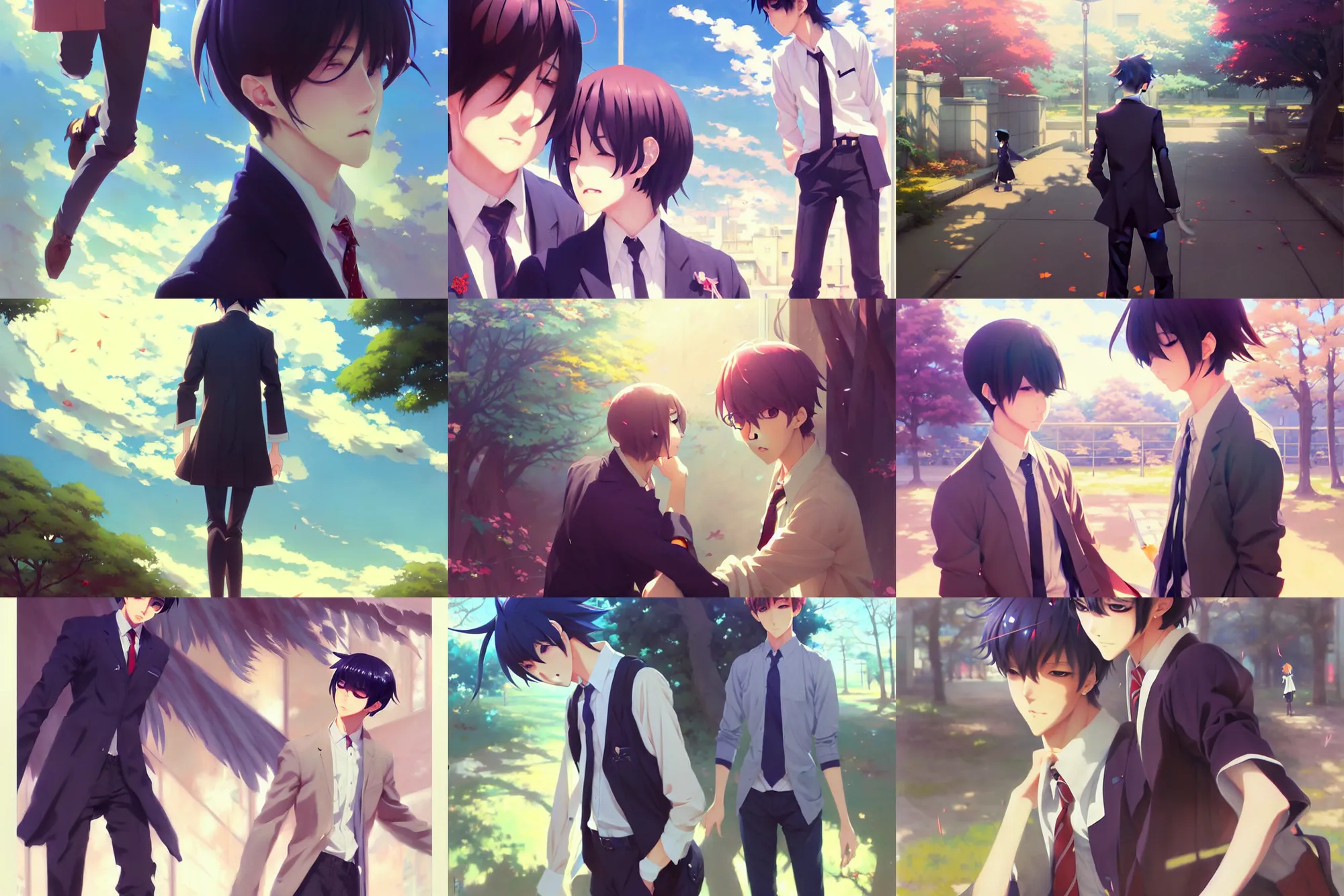 Prompt: boy's love anime high school noon scene, high detail concept art, perfect proportions fine face, tall handsome guys, romantic undertones, avant designer uniform, vivid colors, realistic shaded lighting poster fantasy art kazue kato, katsuhiro, jeremy lipking and michael germash, makoto shinkai, loish, best selling artist