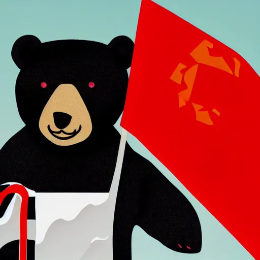 Image similar to a portrait of a socialist bear in a uniform waving a red flag