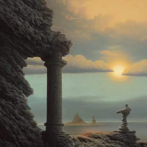 Image similar to David Friedrich, perfect white balance, scifi landscape, hyperrealistic surrealism, award winning masterpiece with incredible details, epic stunning, infinity pool, a surreal vaporwave liminal space, highly detailed, trending on ArtStation, artgerm and greg rutkowski and alphonse mucha, daily deviation, IAMAG, broken giant marble head statue ruins, golden hour