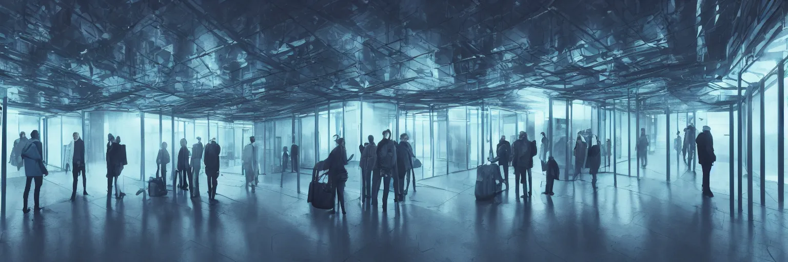 Image similar to some people waiting in bus stop in quiet dark city night, Inbetween worlds. Inside a Borg cube. Industrial labyrinth with an infinite staircase. Heigh ceiling. Fluorescent lighting. Mist. Color scheme dark blue. Gradient. Wide shot. Photoreal. Octane render. 4k. Artstation, concept art