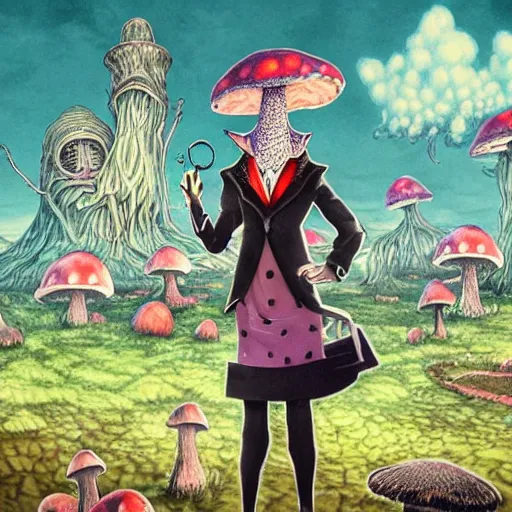 Image similar to A centered chest up portrait of a psychedelic demonic anthropomorphic frog smoking a hand-rolled cigarette smoking heavily , magic mushroom village in background . award winning. superb resolution. in the art style of junji Ito and greg rutkowski . Detailed Mushroom city in background. Hyper realistic anime. Perfect art. Dalle2