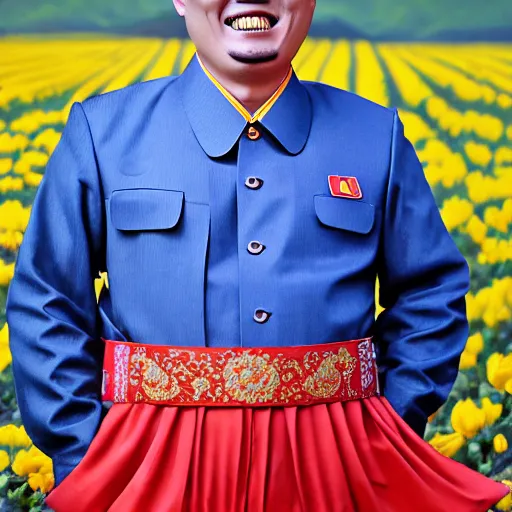 Prompt: surreal photography of smiling north korean kim chen in. kim chen in is wearing traditional - ukrainian folk shirt designed by taras shevchenko.