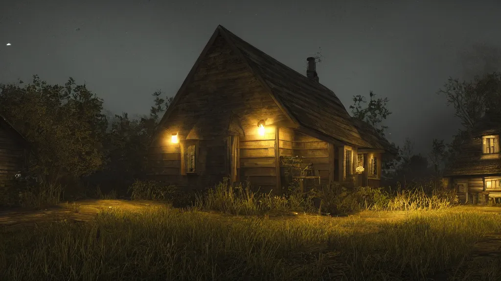 Image similar to A dark shadowy cottage at night, hyperrealistic, Cryengine 8k UHD