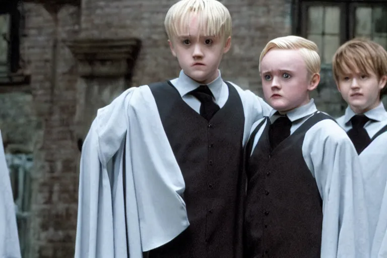 Image similar to film still Haley Joel Osment as Draco Malfoy wearing hogwarts uniform in Harry Potter movie