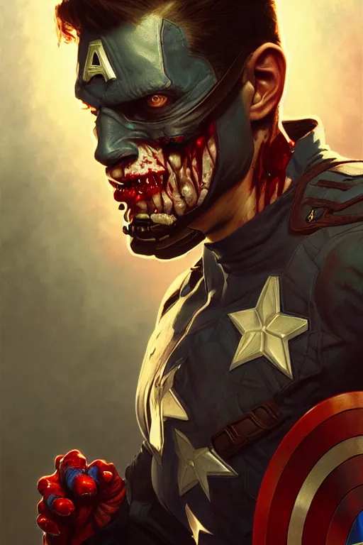 Prompt: a portrait of zombie captain america, fantasy, sharp focus, intricate, elegant, digital painting, artstation, matte, highly detailed, concept art, illustration, ambient lighting, art by ilya kuvshinov, artgerm, alphonse mucha, and greg rutkowski