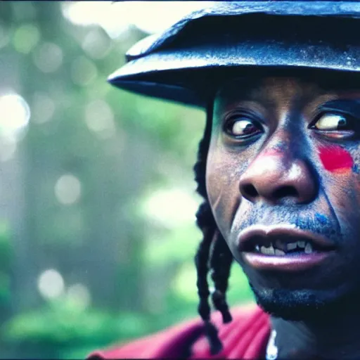 Image similar to cinematic film still Lil' Wayne starring as a Samurai holding fire, Japanese CGI, VFX, 2003, 400mm lens, f1.8, shallow depth of field,film photography