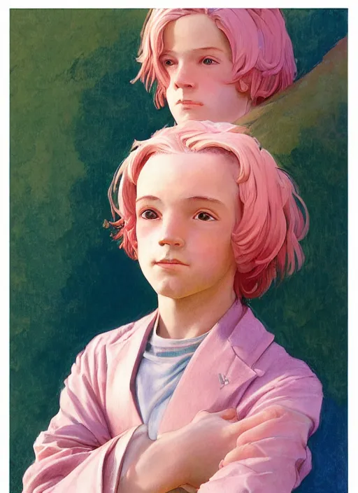 Prompt: androgynous cute pink haired teen boy wearing greek clothes, muted colors, colorful flowers, sunlight filtering through skin, j. c leyendecker, by alan lee, wlop! illustrated by starember, fantasy art by craig mullins cfg _ scale 9