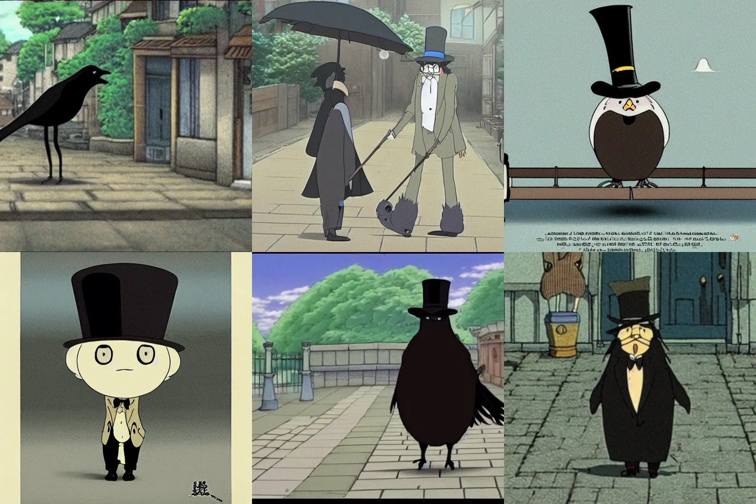 Prompt: a blackbird wearing a top hat, carrying a cane strolling down the high street, ghibli, hayao miyazaki, anime, ghibli movie