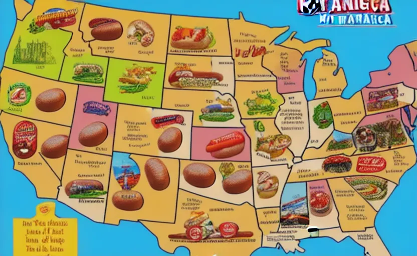 Prompt: hot dogs across america map, detailed, map key, tourist map, brochure