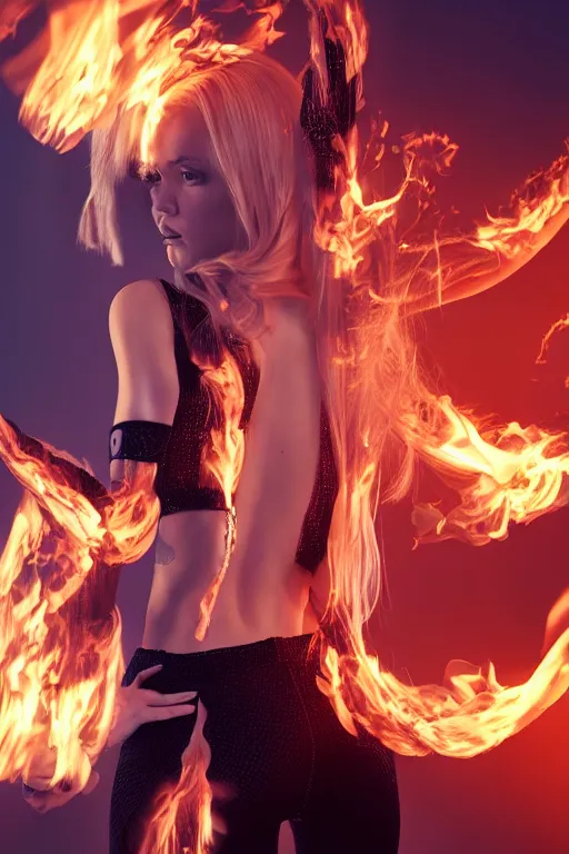 Prompt: young blonde woman from behind with flames dancing on her hands with a long jacket in a cyberpunk city, realistic, high definition, 4K, shimmering color, art of pixal